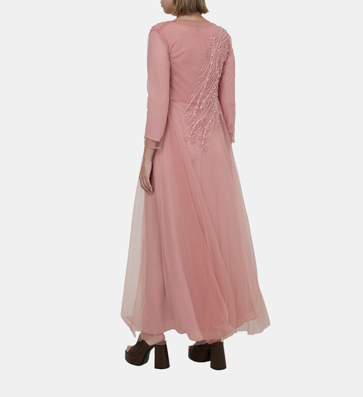 Pearl Rhinestone Embellished Tulle Satin Dress