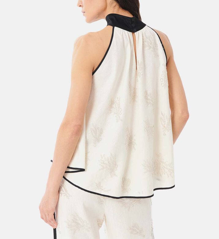 Linen Embroidered Satin Details Top