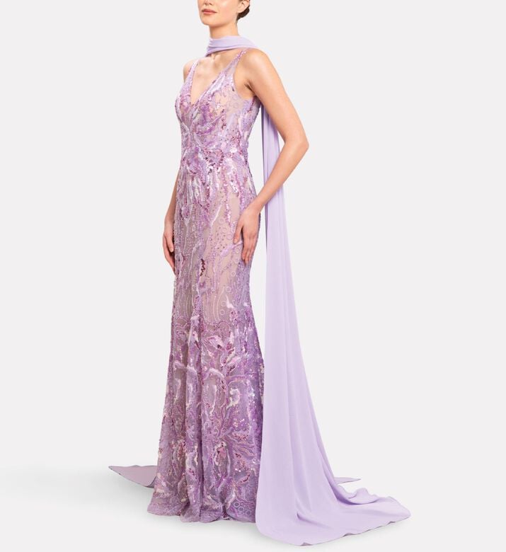 Michael Cinco Embellished Scarf Long Dress, Model View