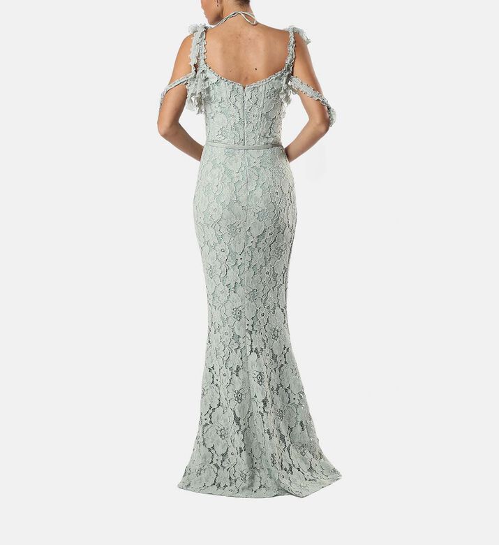 Floral Lace Ruffled Straps Gown