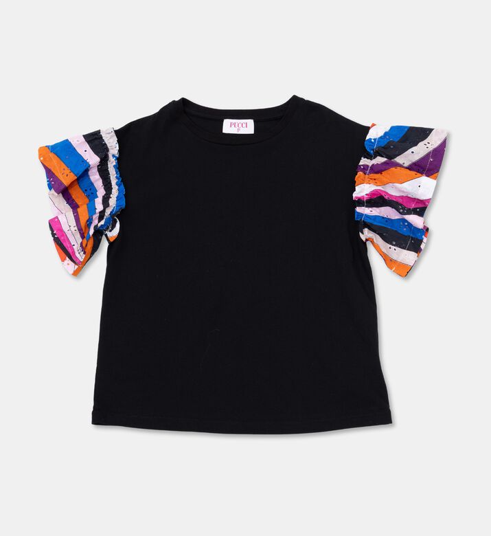 Emilio Pucci Cotton Ruffled Sleeve T-shirt, Black, 10y, Packshot View