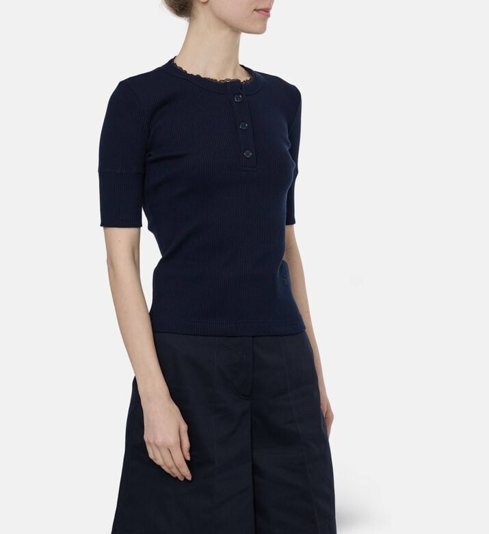 Patou Ribbed Lace Collar T-shirt, Blue, L, Model View