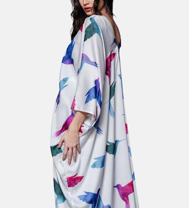 All-over Birds-print Flared Kaftan