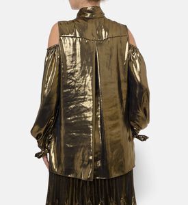 Blue For Burgundy Metallic Self-tie Ribbons Top, Gold, 42, Model View