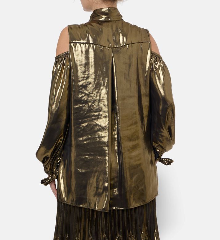 Blue For Burgundy Metallic Self-tie Ribbons Top, Gold, 42, Model View