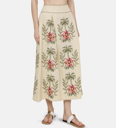 Sand Tropical Flower Embroidered Maxi Skirt