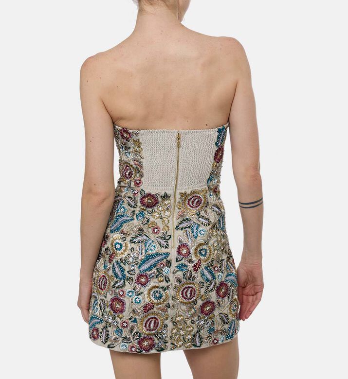 Alice and Olivia Embroidered Sequins Strapless Mini Dress, Model View Alice and Olivia Embroidered Sequins Strapless Mini Dress, Model View