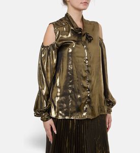 Blue For Burgundy Metallic Self-tie Ribbons Top, Gold, 42, Model View