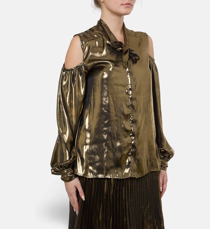 Blue For Burgundy Metallic Self-tie Ribbons Top, Gold, 42, Model View