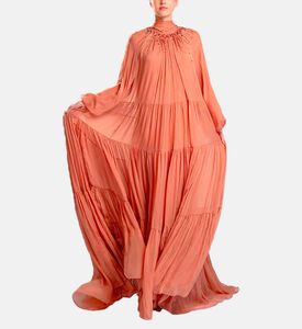 Michael Cinco Long-sleeve High Neck Flared Dress, Light-brown, Model View