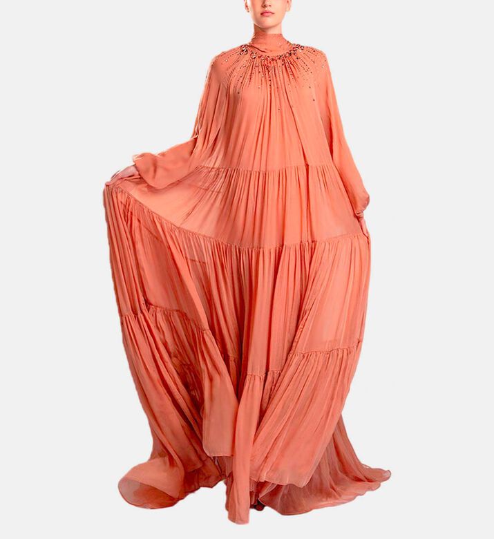 Michael Cinco Long-sleeve High Neck Flared Dress, Light-brown, Model View