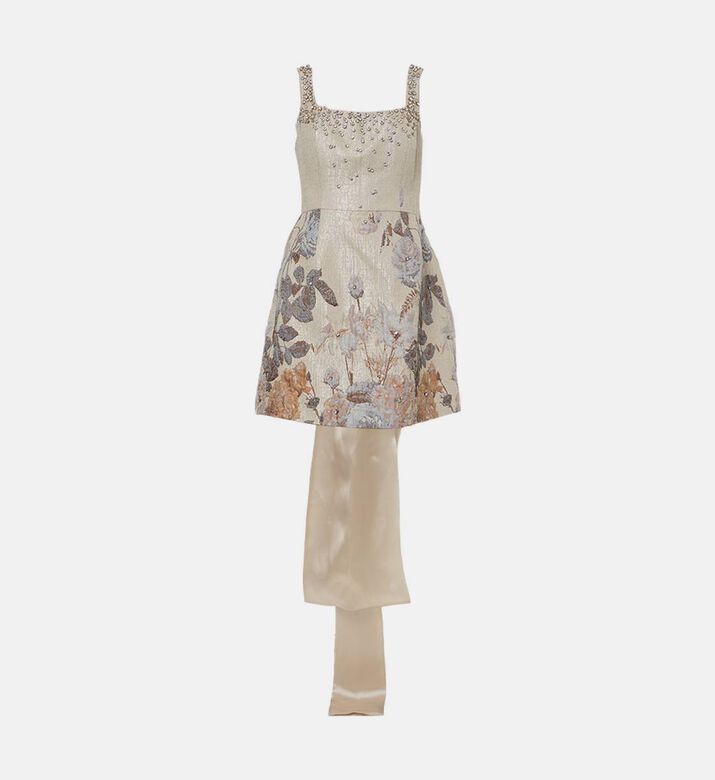 Savanna Brocade Crystal Embellished Mini Bow Dress, Grey, M, Packshot View