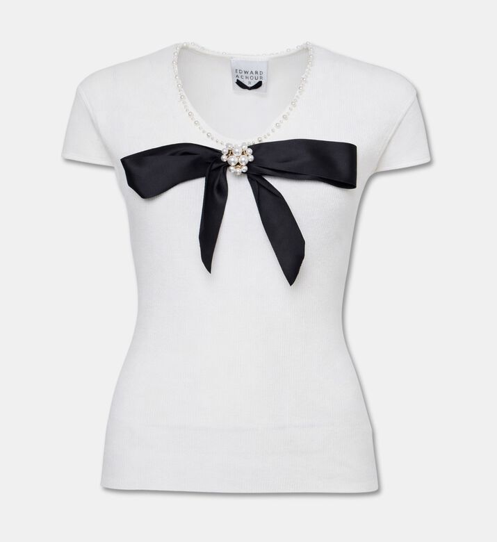 Edward Achour Paris Ribbed Knit Embellished Jewel Top, White, 40, Packshot View