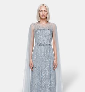 Suzy Matar Beaded Cape-sleeve Evening Gown, Blue, S, Model View