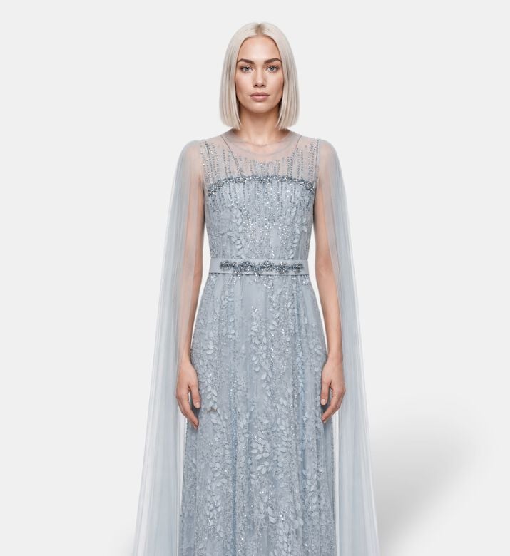 Suzy Matar Beaded Cape-sleeve Evening Gown, Blue, S, Model View