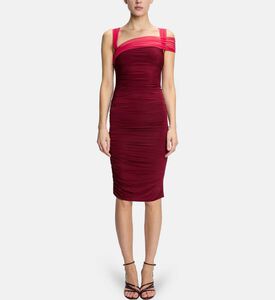 فستان متوسط الطول مكشكش بكتف بطيات