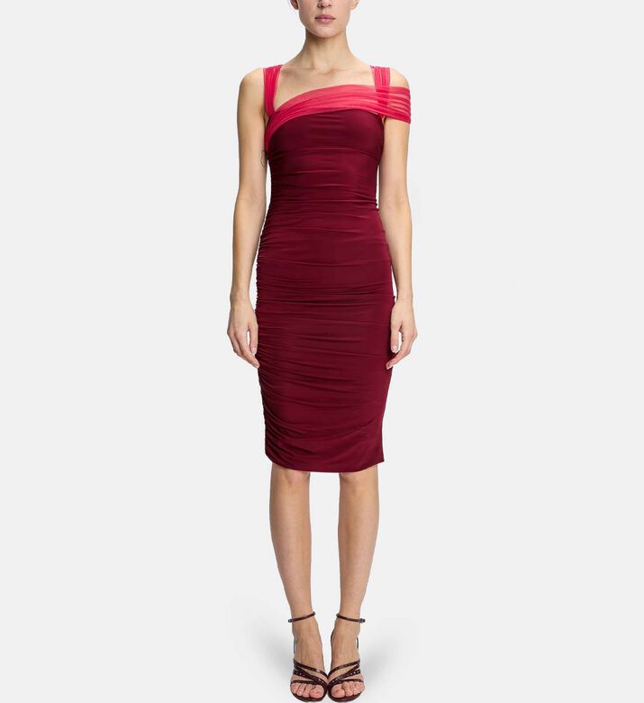 Draped Shoulder Ruched Midi Dress