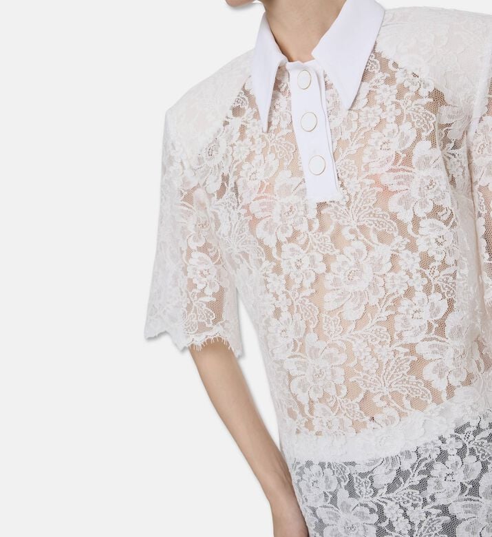Rowen Rose Floral Lace Short-sleeve Polo Top, Model View