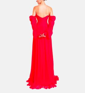 Michael Cinco Rhinestone-embellished Puff Sleeve Maxi Dress, Red, S, Model View