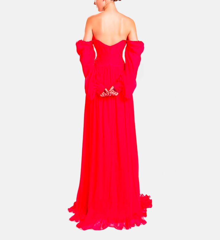 Michael Cinco Rhinestone-embellished Puff Sleeve Maxi Dress, Red, S, Model View