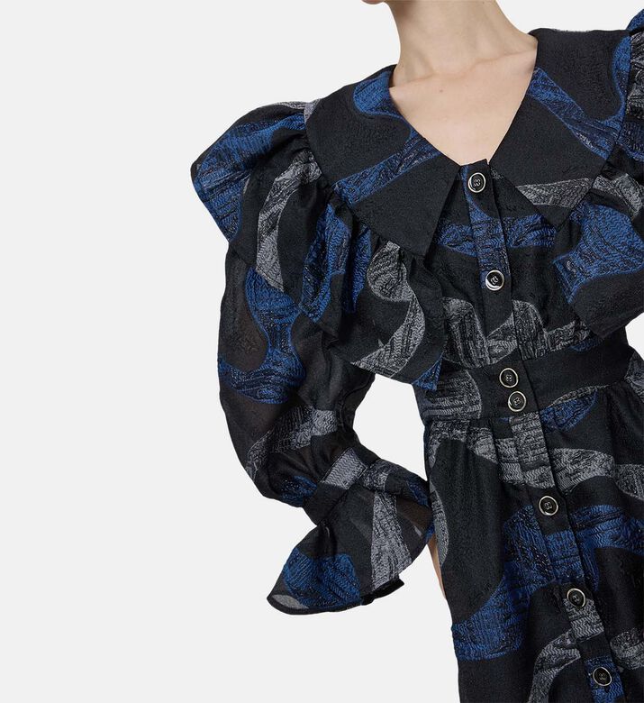 Frill Printed Flared Midi Dress