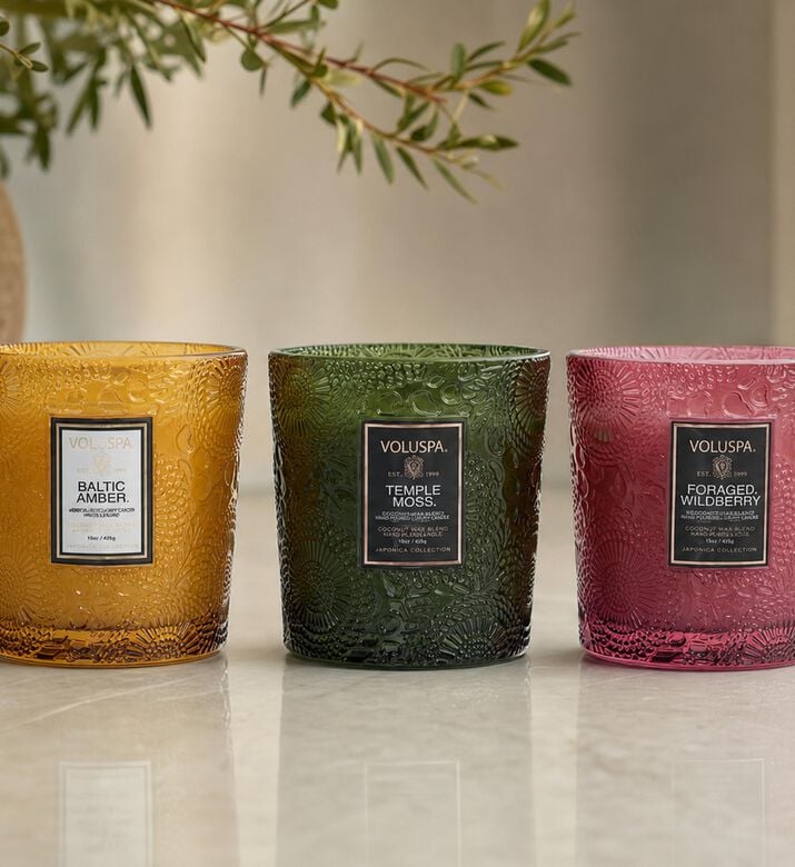 Voluspa Embossed Scented Candles Trio Set, Model View