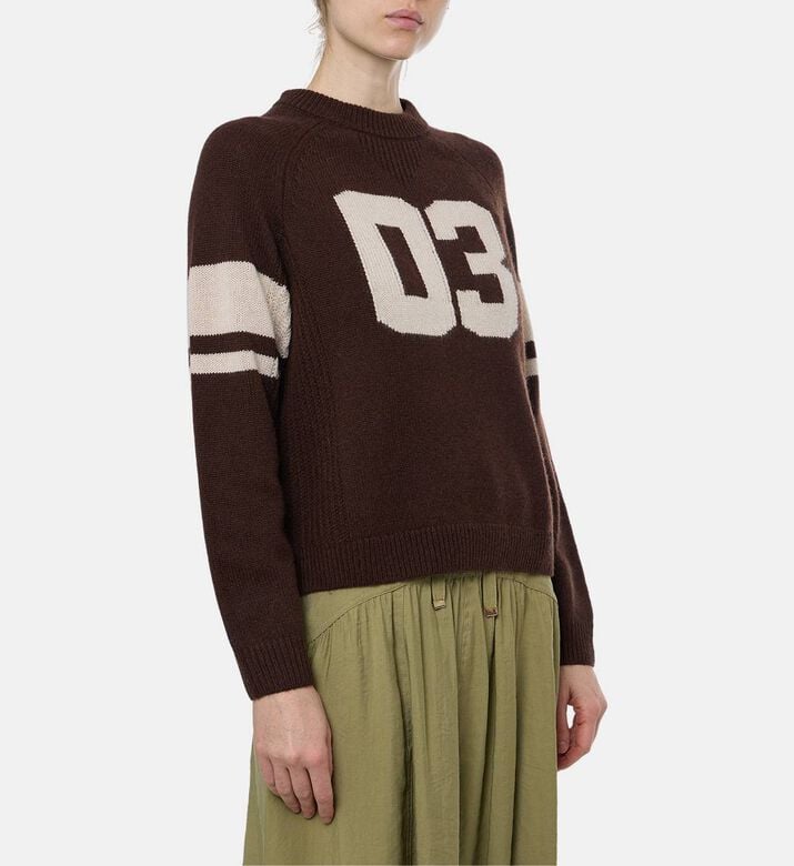 Ba and Sh Stripe-embroidery Long-sleeve Sweater, Brown, L, Model View