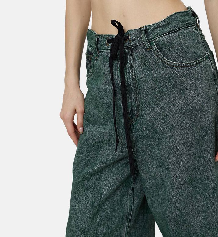 5-pocket Faded Denim Wide Leg Trousers With Drawstrings