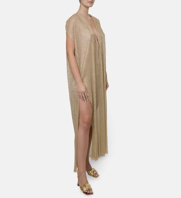 Blue For Burgundy Metallic Gold Pleated Column-cut Maxi Dress, Model View