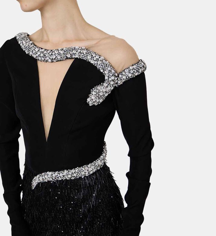 Fitted Dress With Snake-beading And Fringes Skirt