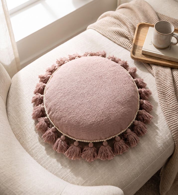 Home Deco and More Cameo Dobby Cotton Tassel Filled And Vaccumed Cushion, Pink, Packshot View