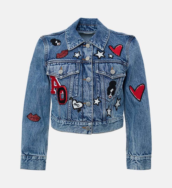 Alice and Olivia Embroidered Long-sleeve Cropped Denim Jacket, Packshot View