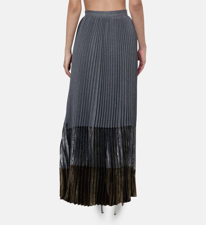 Blue For Burgundy Metallic Pleated Panels Knit Maxi Skirt, Model View
