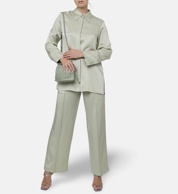 Jil Sander Sage Green Lustrous Satin Oversized Shirt, Model View