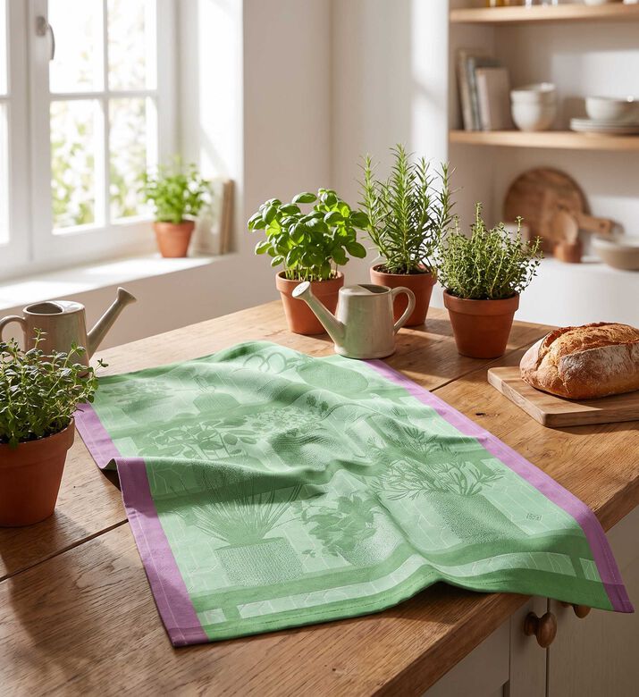 Jacquard Herbes Fraiches Cotton Tea Towel, Green, Packshot View