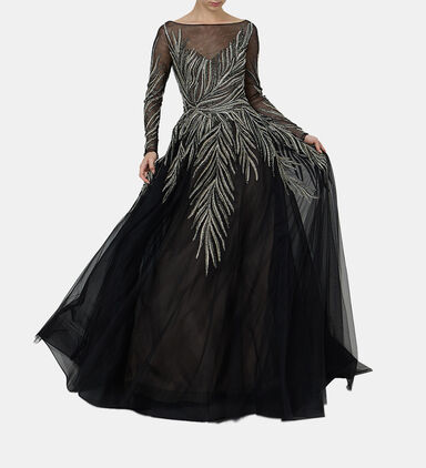 Leaves Sequins Flared Maxi Gown