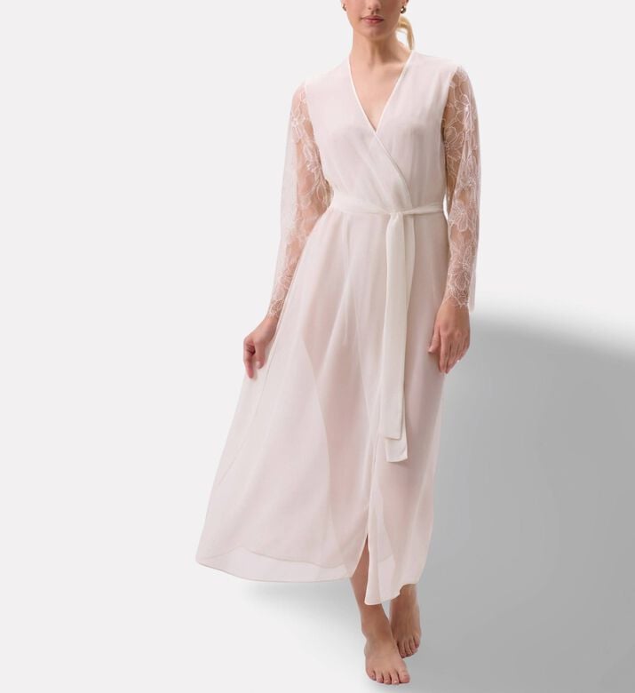Rya Sheer Lace Sleeve Belted Robe, Model View