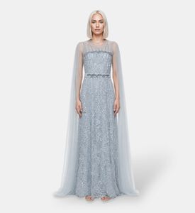Suzy Matar Beaded Cape-sleeve Evening Gown, Blue, S, Model View