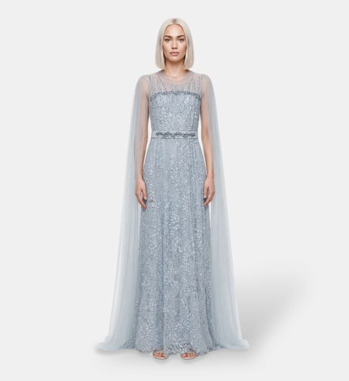 Suzy Matar Beaded Cape-sleeve Evening Gown, Blue, S, Model View