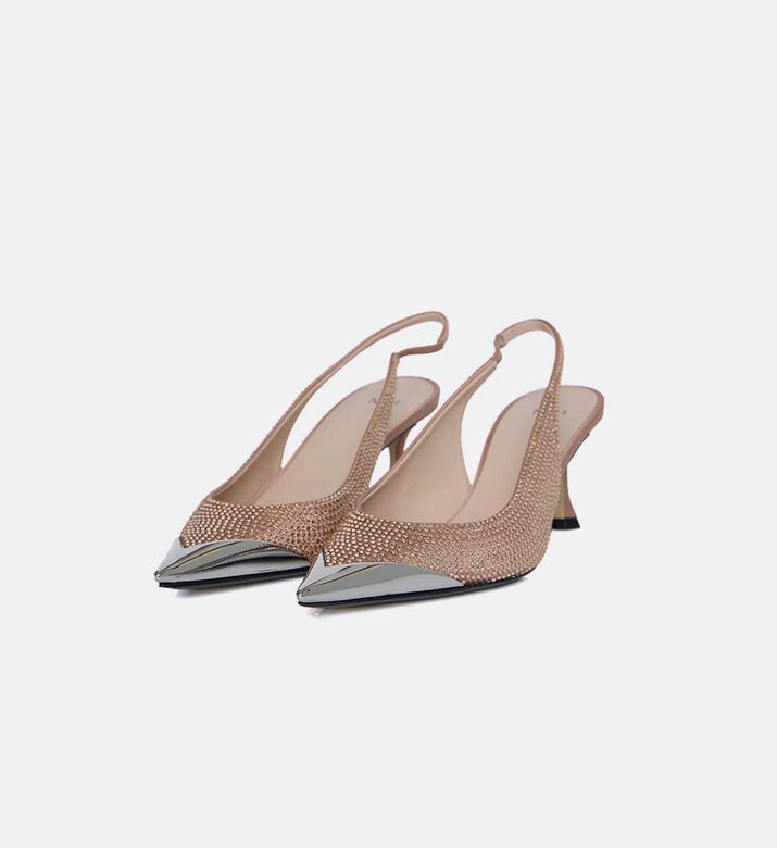 Satin Strass Sling Back Med Heel Shoes
