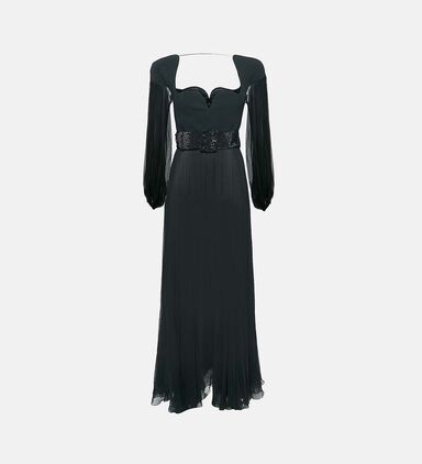 Crepe Silk Rhinestone Belted Maxi Dress Pre-owned