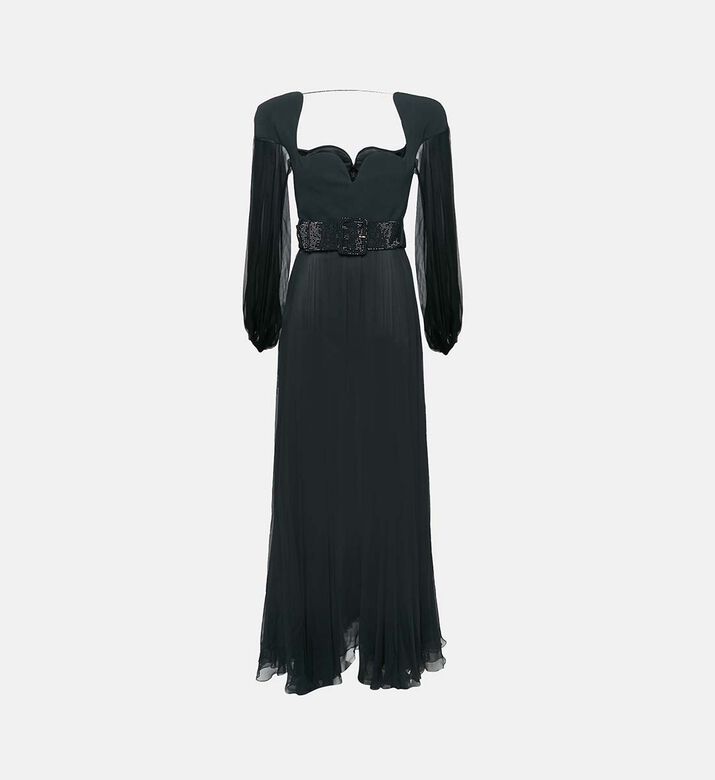 Crepe Silk Rhinestone Belted Maxi Dress Pre-owned