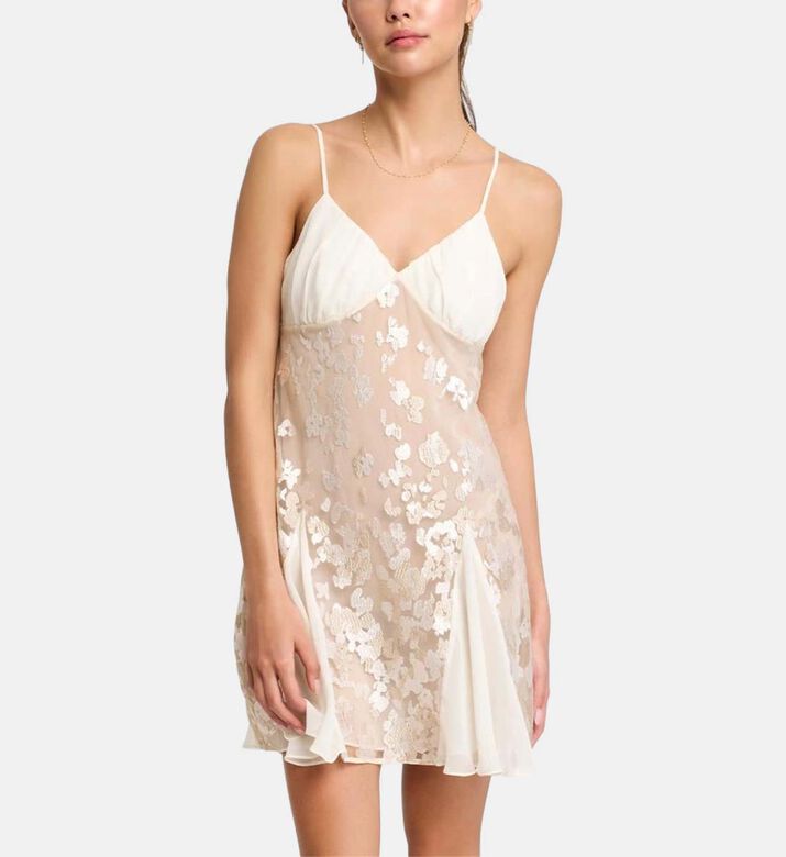 Pleated Floral Embellishment Mini Dress