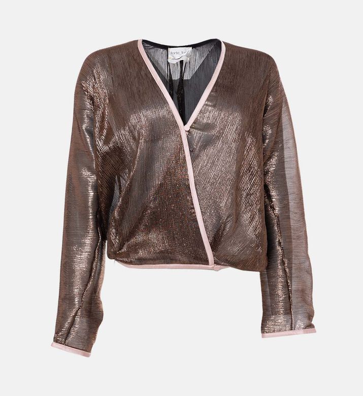 Forte-Forte Crinkled Lam&eacute; Kimono Wrap Top, Brown, M, Packshot View