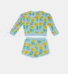 طقم سويت شورت وشورت بطبعة أزهار دوار الشمس