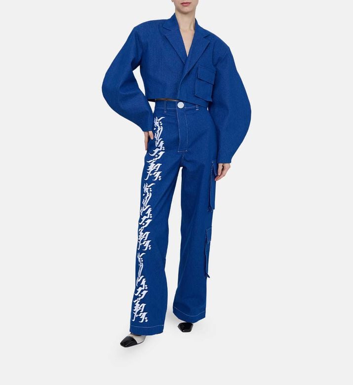 Arabic Calligraphy Asymmetrical Cargo Denim Pants