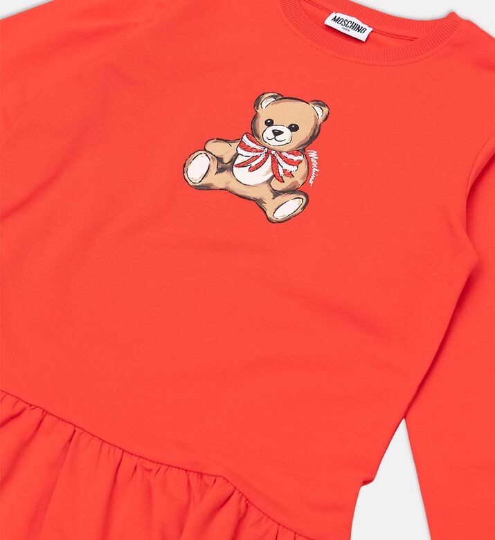 Teddy Bear-print Long-sleeve Flared Dress