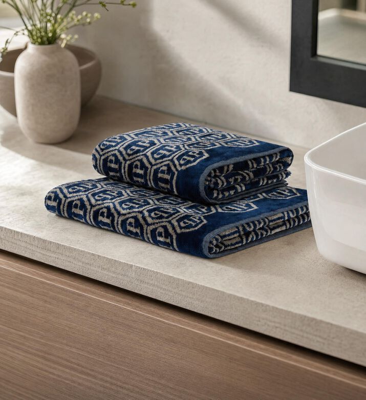 Philipp Plein Rectangular Shape Hand Towel Set, Blue, Model View