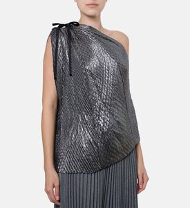 Blue For Burgundy Pleated Ribbon One-shoulder Top, Model View