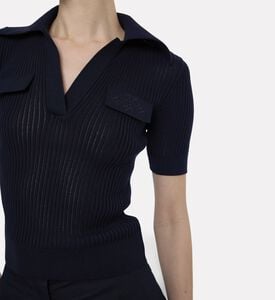 Patou Ribbed Knit Polo Shirt, Blue, L, Model View